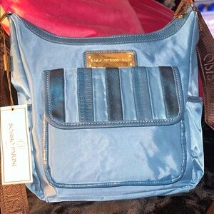 Rosetti Blue Crossbody Bag with Brown Straps